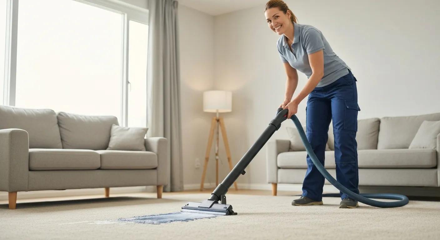 Professional carpet cleaner using extraction equipment in a home setting