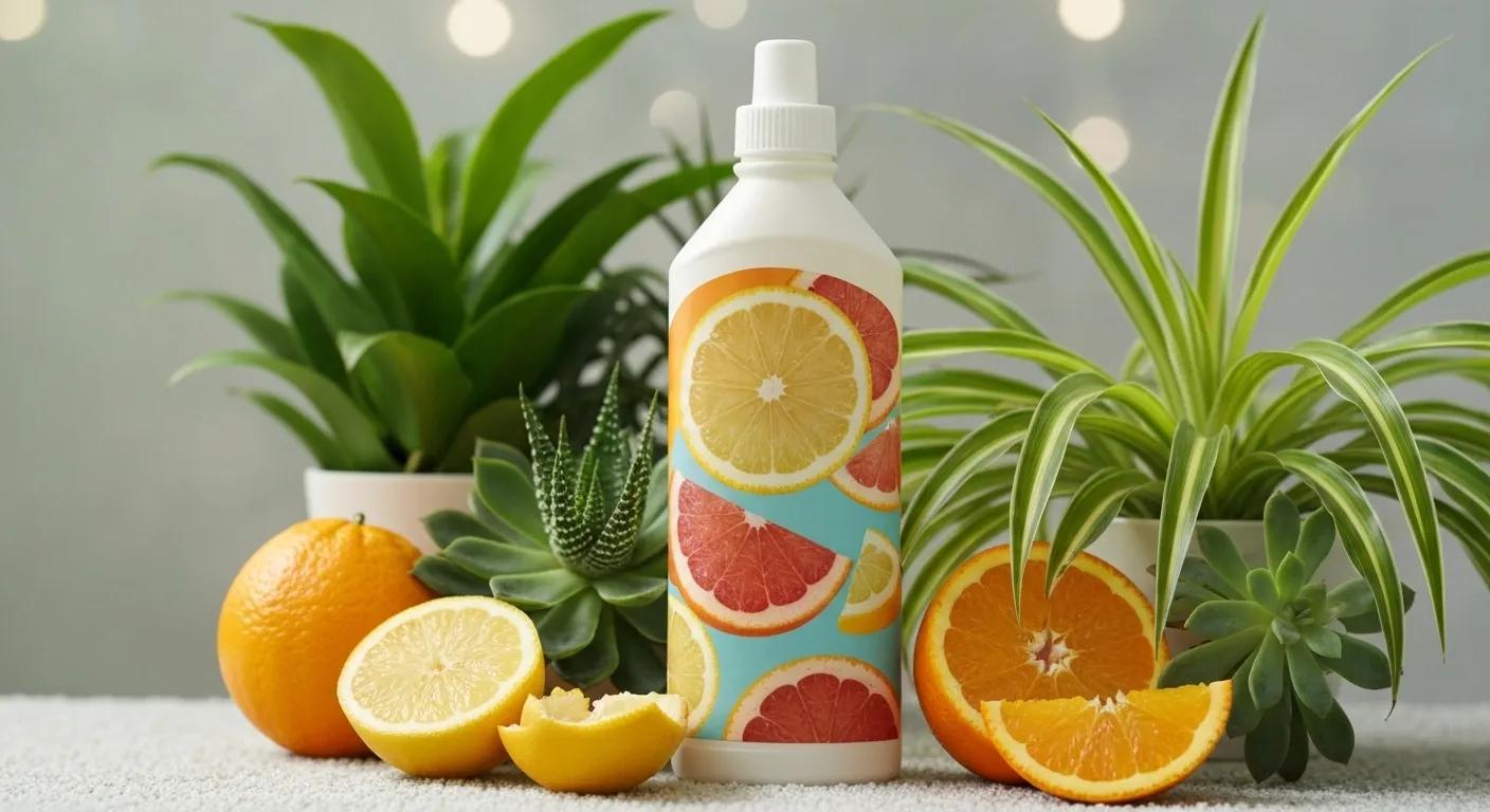 Eco-friendly carpet cleaning products with citrus fruits and plants emphasizing their natural ingredients