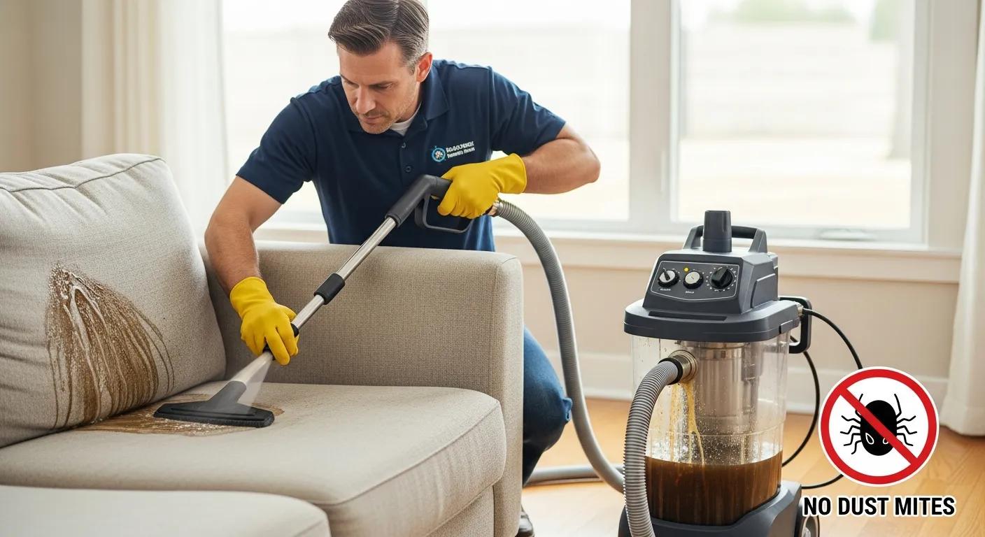 Professional cleaner using hot water extraction on upholstery, demonstrating effective allergy reduction techniques