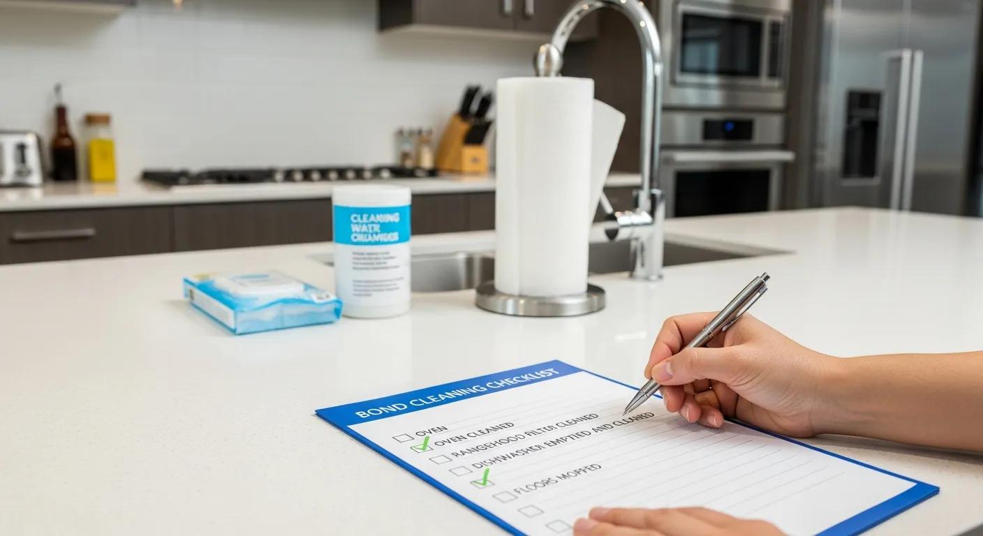 Hand checking off a bond cleaning checklist in a clean kitchen, emphasizing organization for bond refund