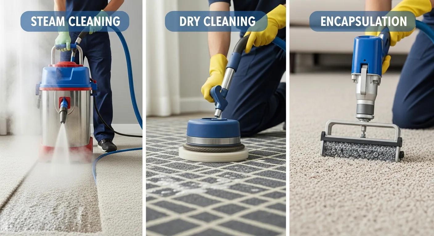 Visual representation of steam cleaning, dry cleaning, and encapsulation methods for carpet cleaning