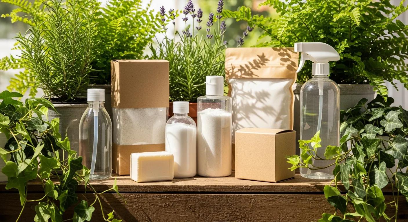 Eco-friendly carpet cleaning products wtihout any labels in them displayed with plants in a natural setting