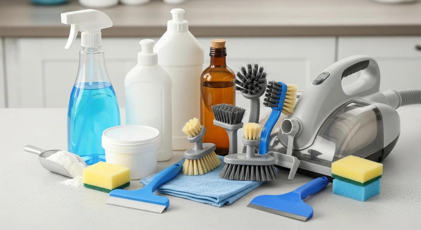 Cleaning products without any labels in them and tools for effective carpet stain removal